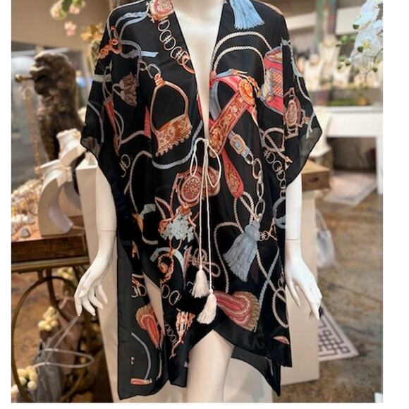 Satin Feel Kimono Ruana Wrap Beach Coverup with Tie Black - Picture 1 of 2